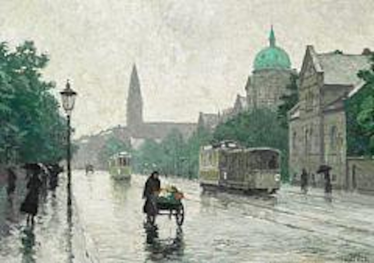 People with umbrellas, a flower girl and yellow trams on a rainy day in Øster Farimagsgade. To the right Kommunehospitalet (the Municipal Hospital) by Paul Fischer