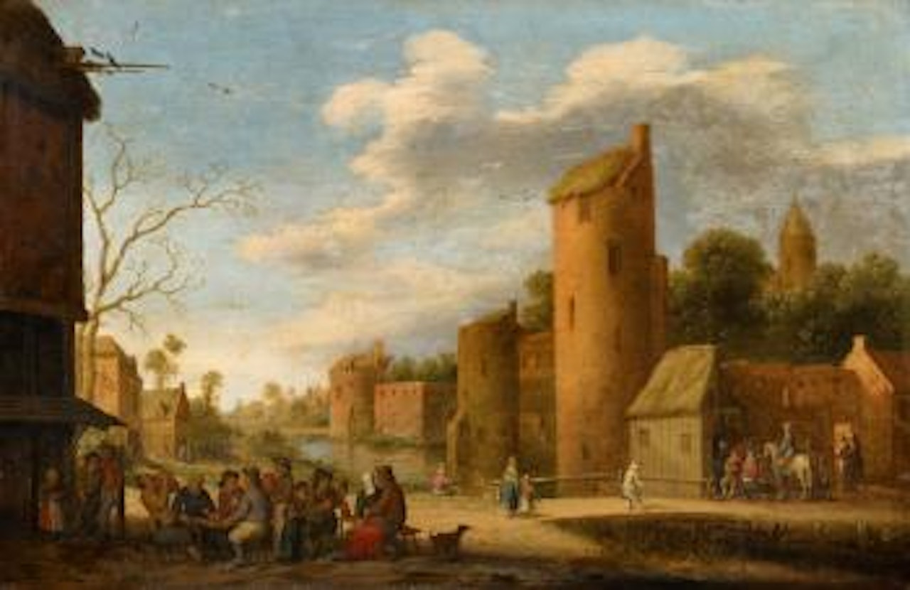 Landscape with a Fortified Town and Peasants by a Tavern by Joost Cornelisz Droochsloot