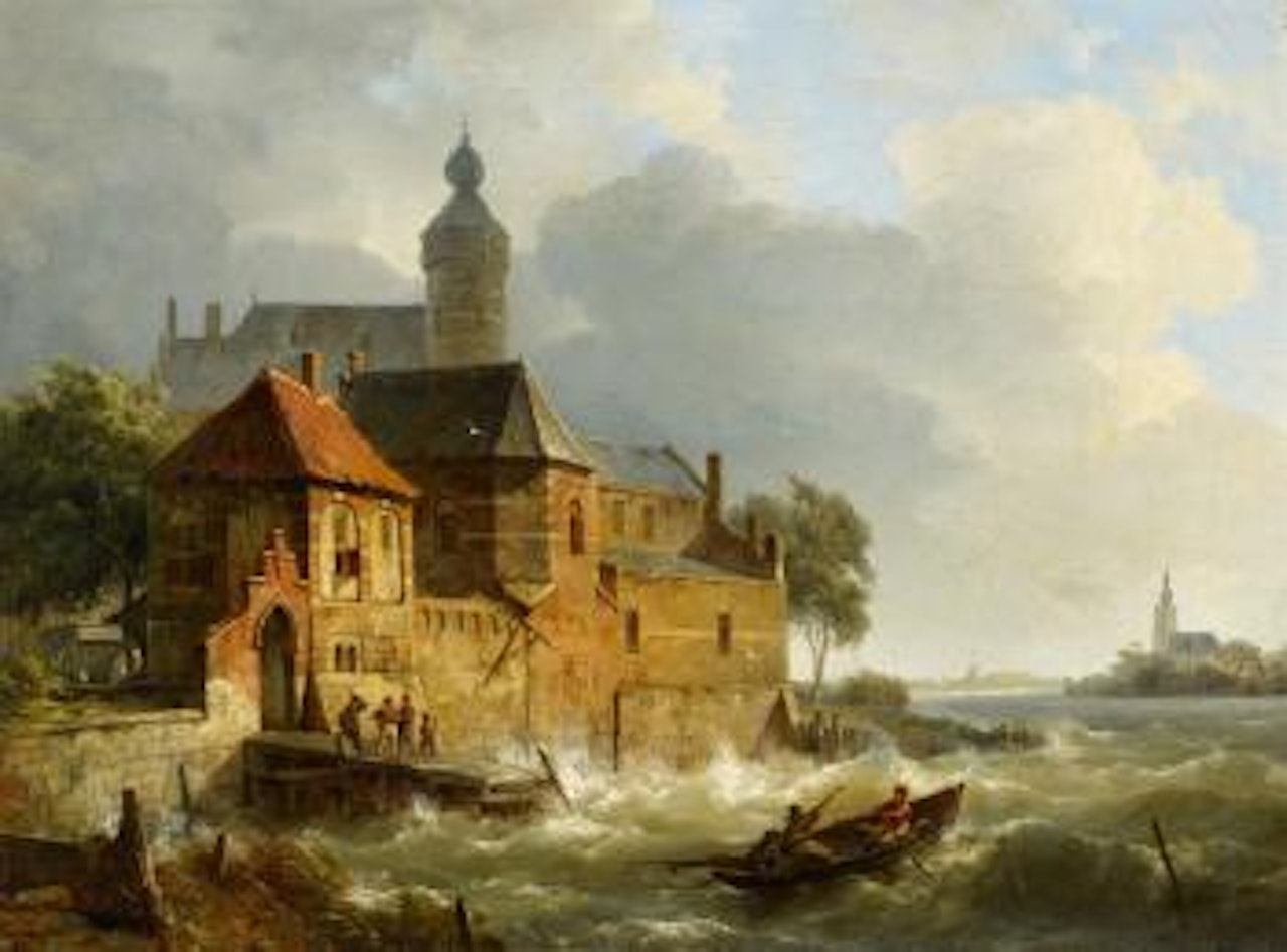 A Rowing Boat in Stormy Seas near a City by Cornelis Springer