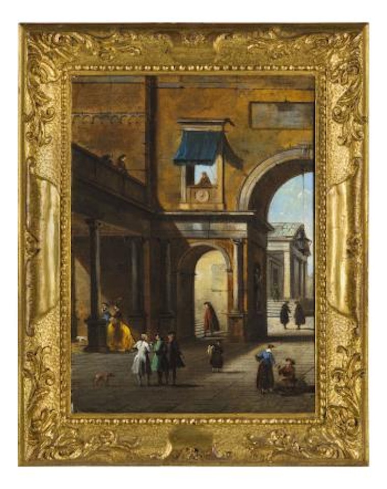 Capriccio architettonico con loggiato, arco e figure.
Capriccio architettonico con portale e figure by Giuseppe Bernardino Bison