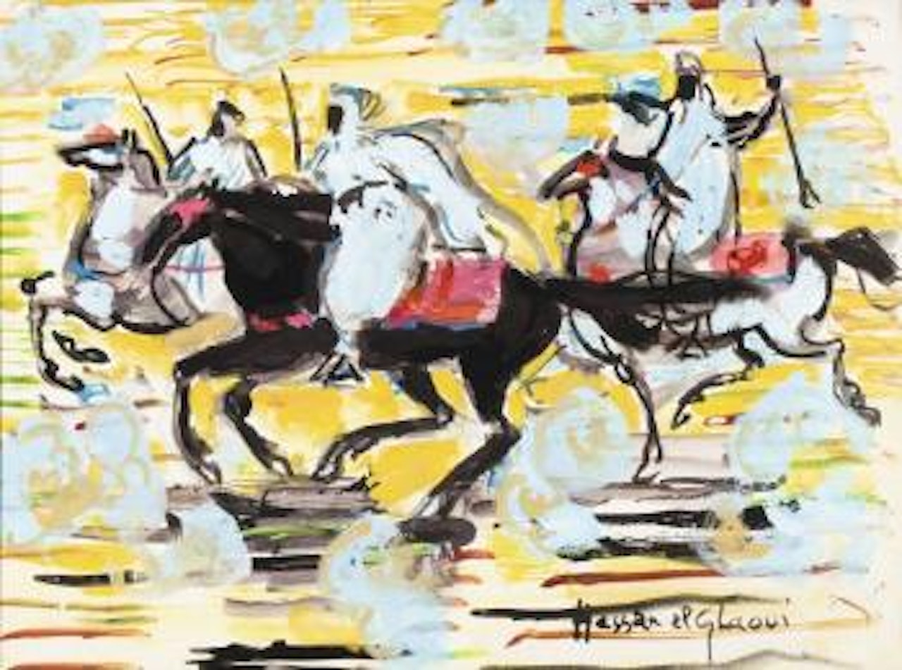Trois cavaliers sur fond jaune by Hassan El Glaoui