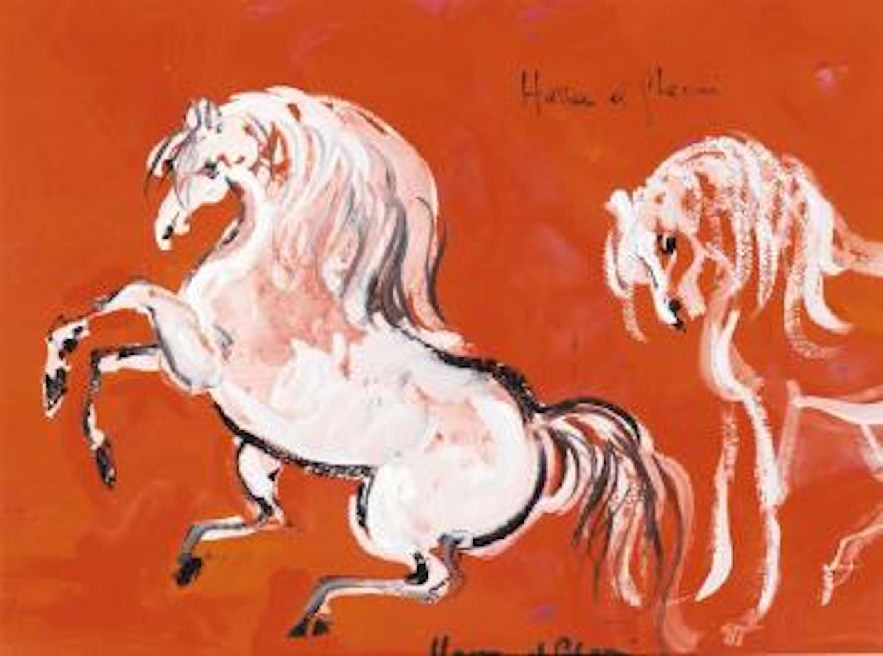Deux chevaux blancs sur fond rouge by Hassan El Glaoui