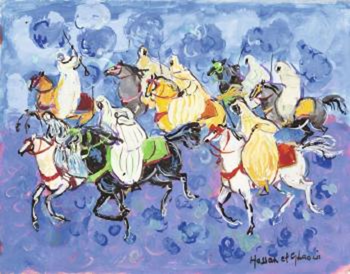 Huit cavaliers sur fond bleu by Hassan El Glaoui