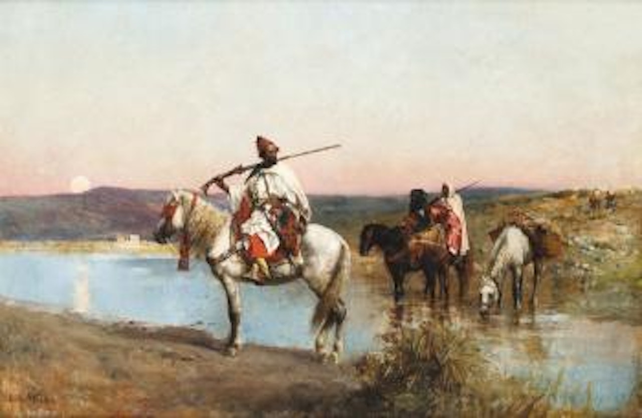 Cavalier traversant l’oued au crépuscule by Edwin Lord Weeks