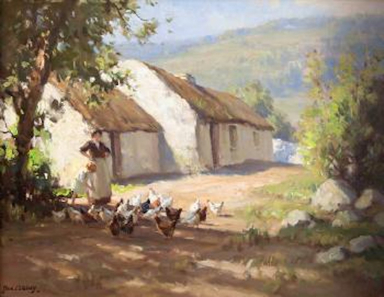 Feeding the hens - A woman and child by a thatched cottage by Frank Mckelvey