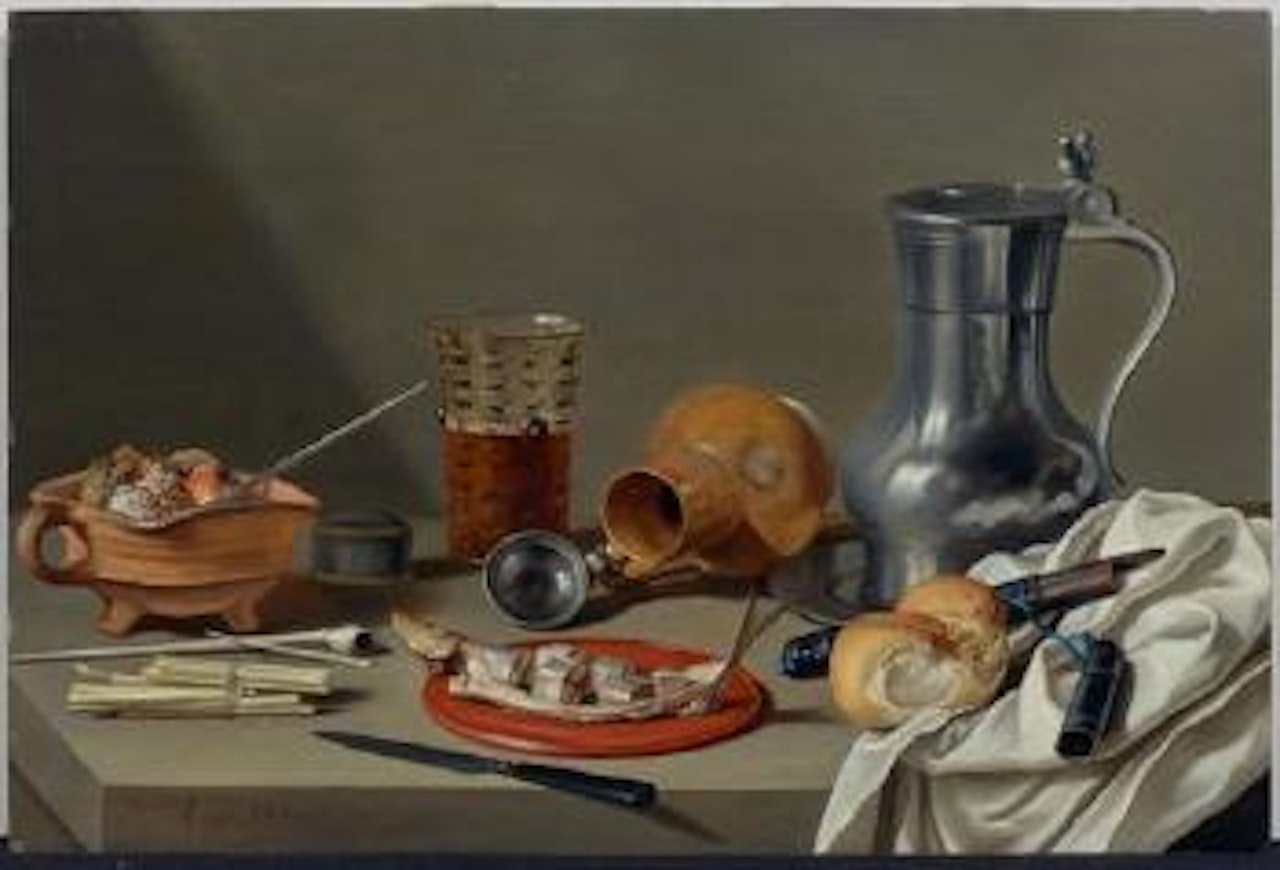 Still life with smoker’s requisites, a large pewter flagon, a stoneware pitcher on its side, a beer glass and a herring by Pieter Claesz