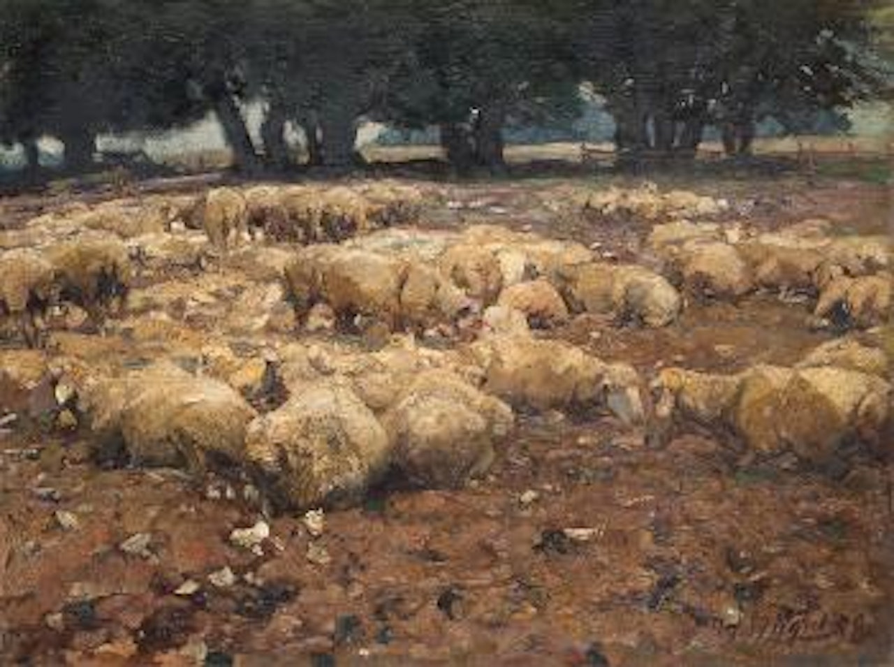 Landschaft mit Bäumen und weidenden Schafen by Heinrich von Zugel