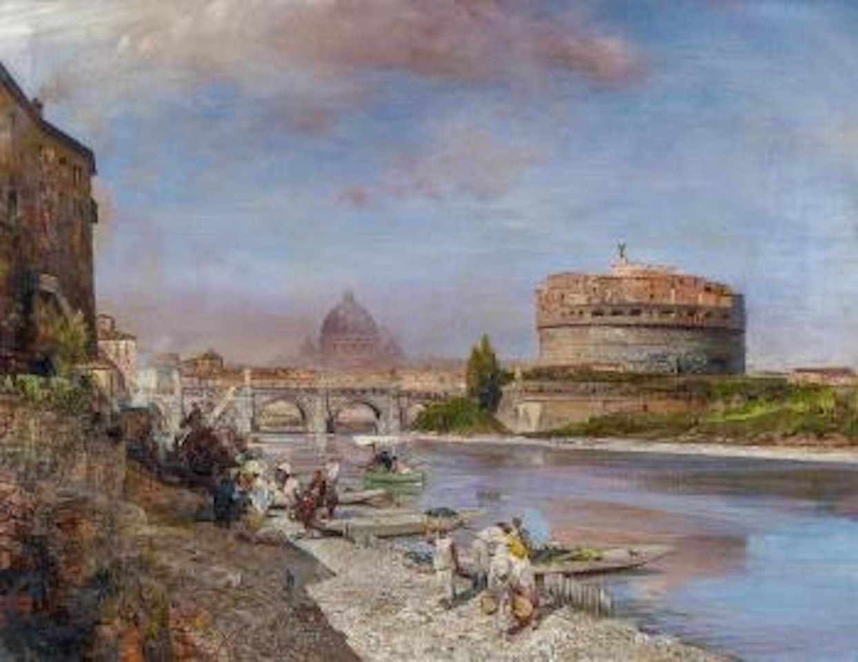 Am Ufer des Tiber in Rom. Blick auf die Engelsburg und die Kuppel des Vatikans by Oswald Achenbach