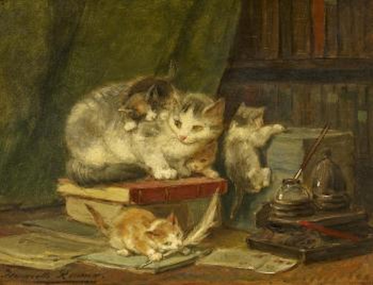 Katzenmutter mit Kitten in der Bibliothek by Henriette Ronner-Knip