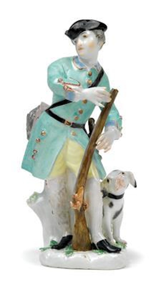 A figure of a huntsman holding a gun, from Holland,
with seated hound by Johann Joachim Kändler