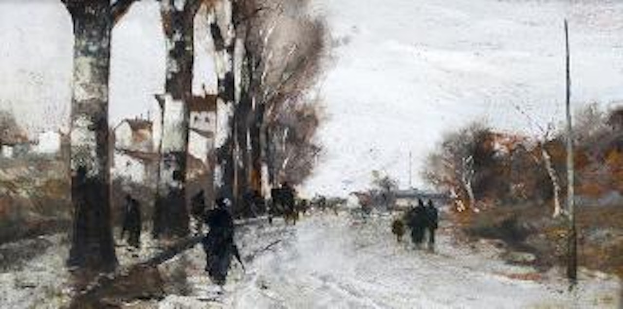 Figures in a rainy street scene by Giuseppe de Nittis