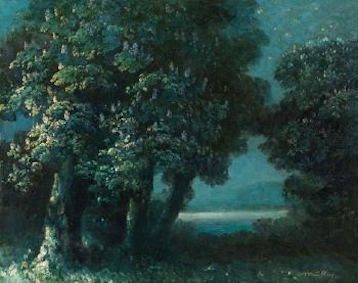 Night atmosphere with Blooming Chestnut Trees at The Lake by Oskar Mulley