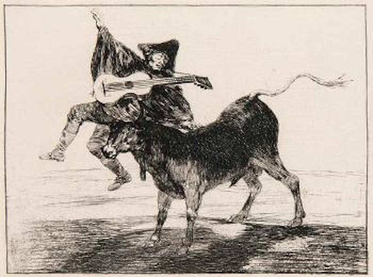 Aveugle enleve sur les cornes d'un taureau by Francisco José de Goya