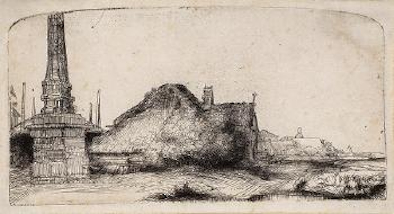 Die Landschaft mit Bauernhaus und der Grenzmarkierung in Spaarndammerdijk - Der Obelisk by Attributed to Rembrandt Harmensz van Rijn