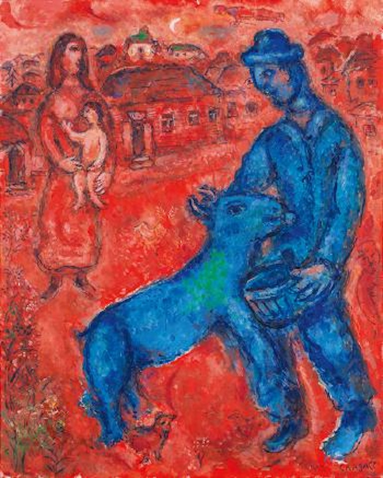 Paysan et animal bleu en conversation dans le paysage rouge by Marc Chagall