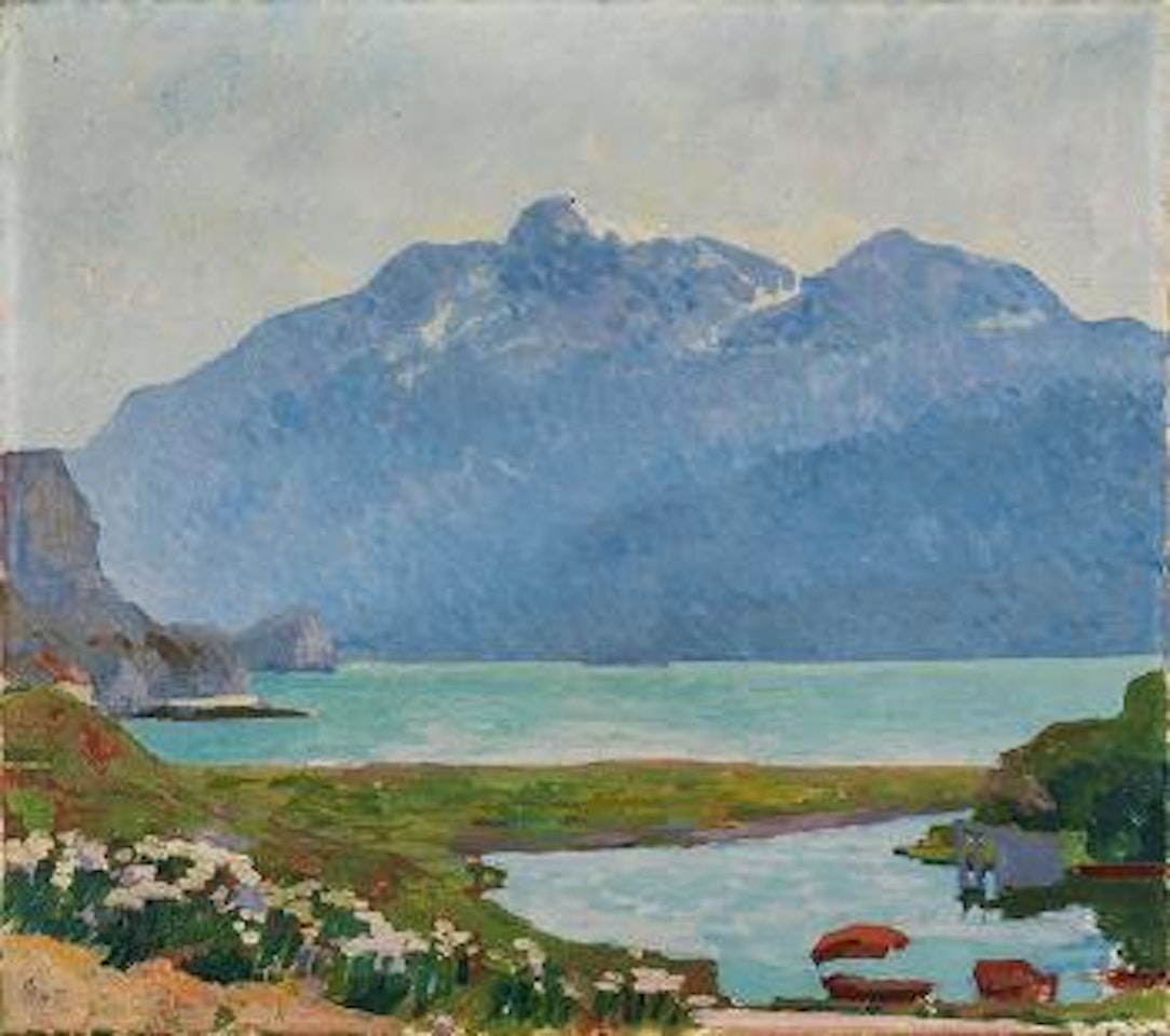 Mattino - Uferlandschaft des Silsersees bei Capolago, mit Blick auf den Piz Corvatsch by Giovanni Giacometti