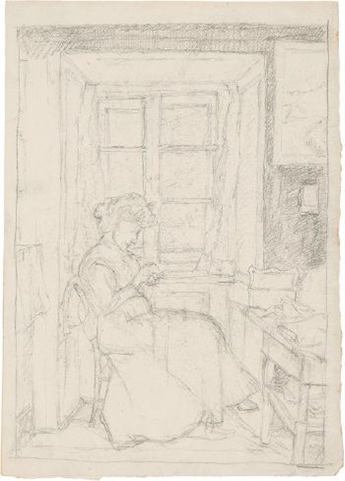 La Mère cousant à la fenêtre – Die Mutter Annetta, in ganzer Figur, sitzend nach rechts, im Wohnzimmer im Hause in Stampa by Alberto Giacometti