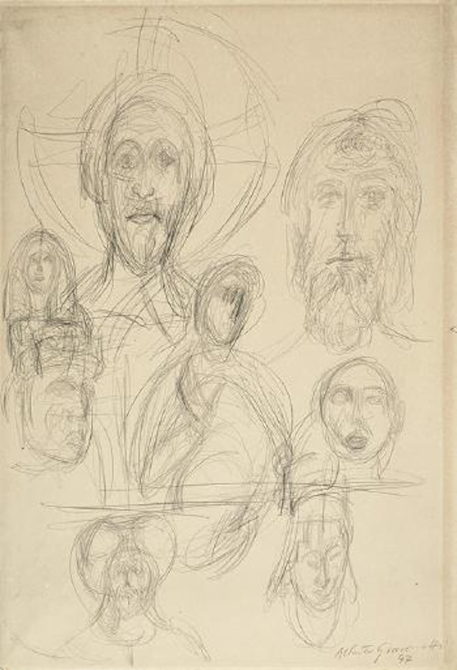 Têtes: copies d'après des œuvres médiévales, égyptiennes et modernes - Verso: Tête de Diego au chapeau by Alberto Giacometti