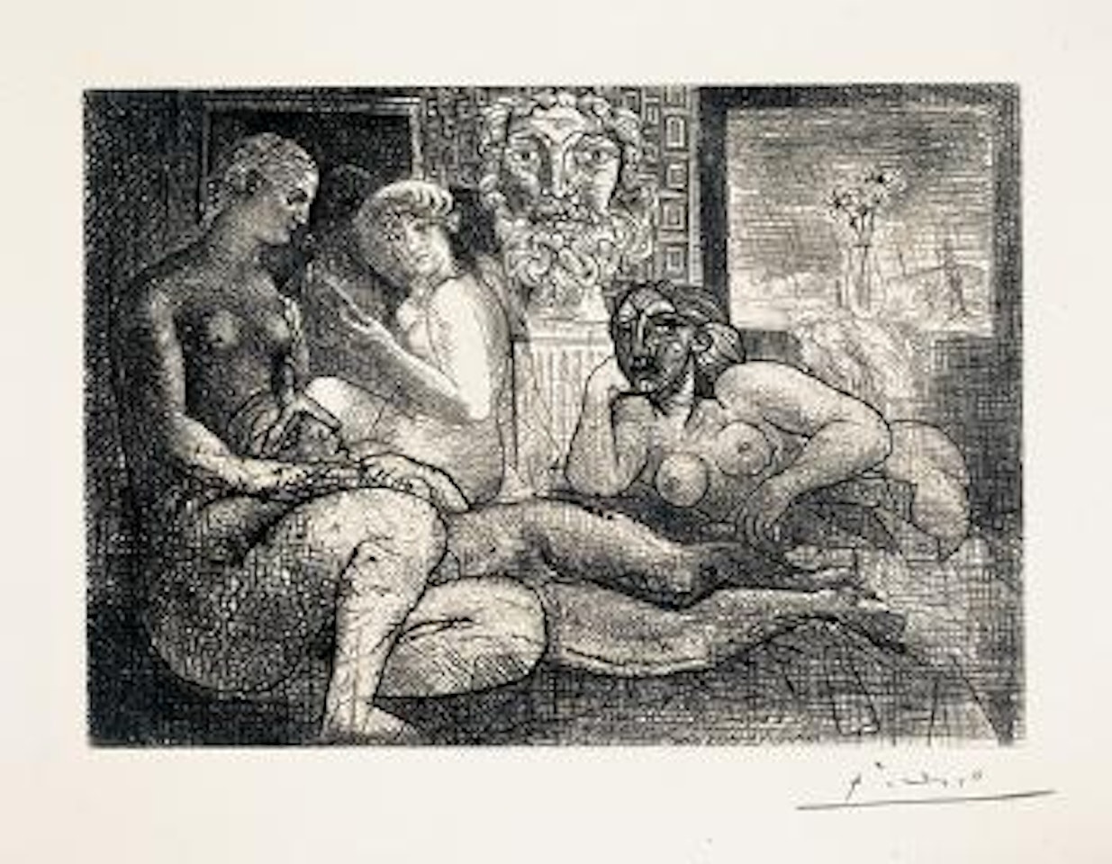 Femmes entre elles avec un voyeur sculpté. Clin d'œil au bain turc by Pablo Picasso