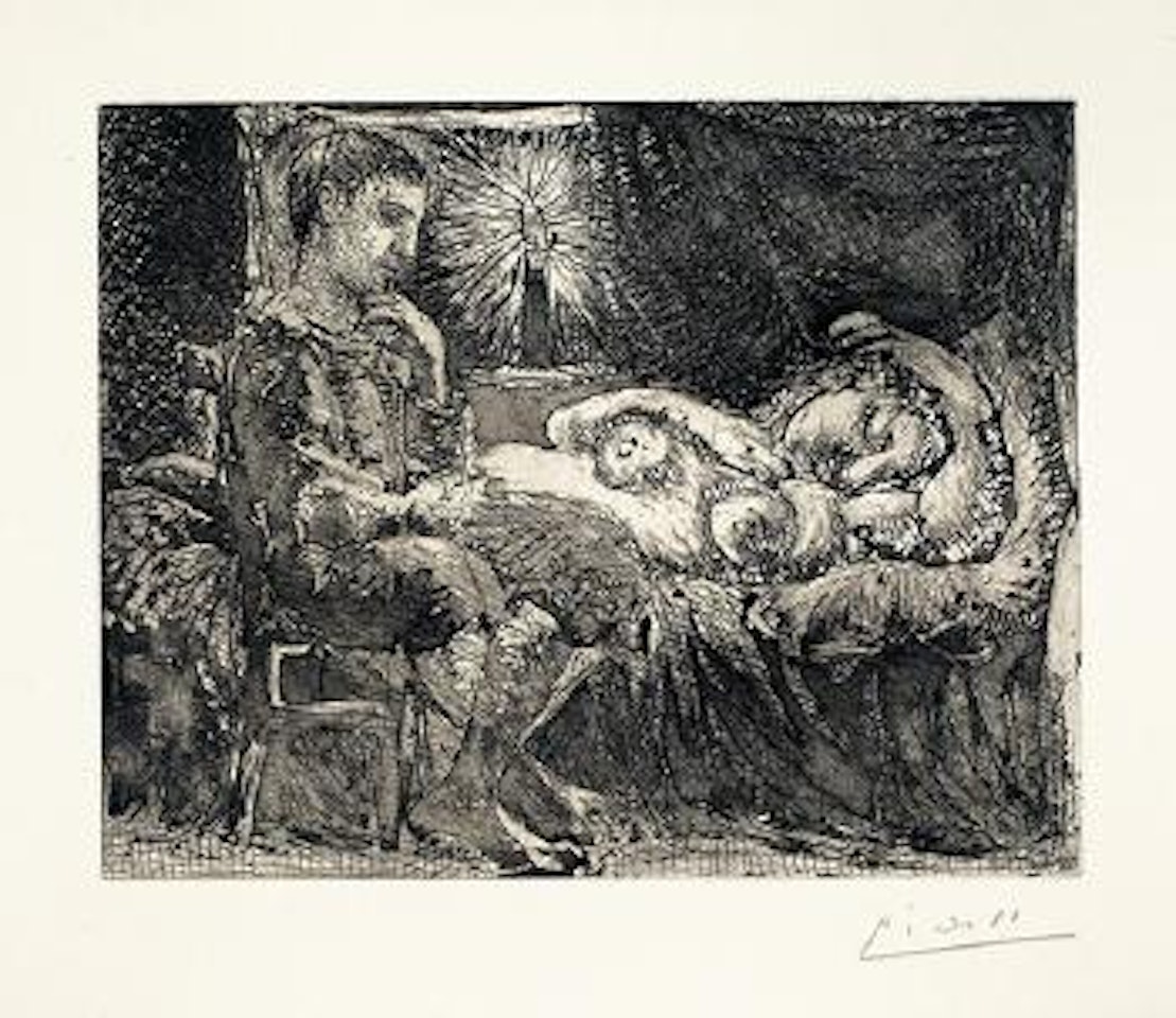 Garçon pensif veillant une dormeuse à la lumière d'une chandelle by Pablo Picasso