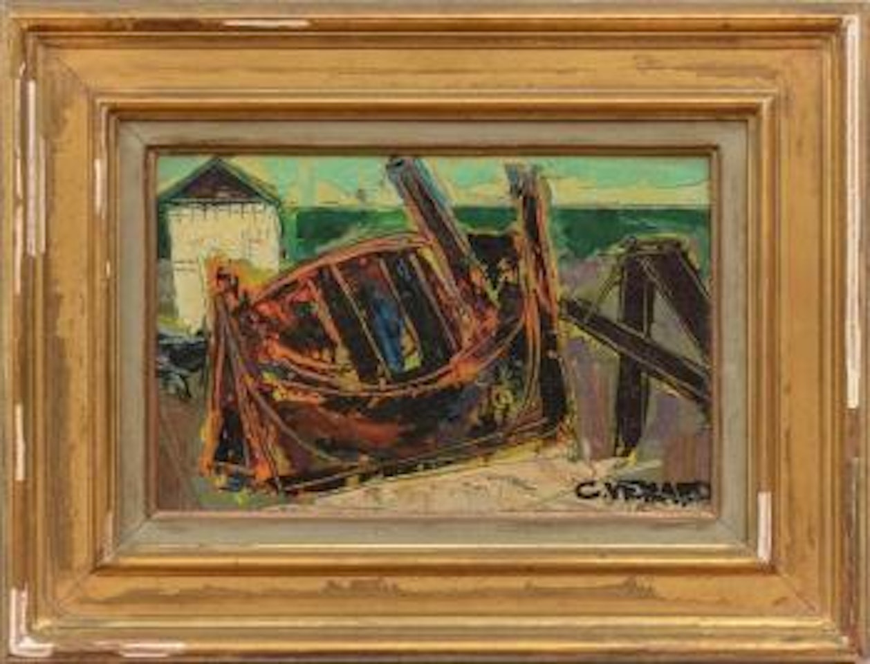 Boat on dock by Claude Venard