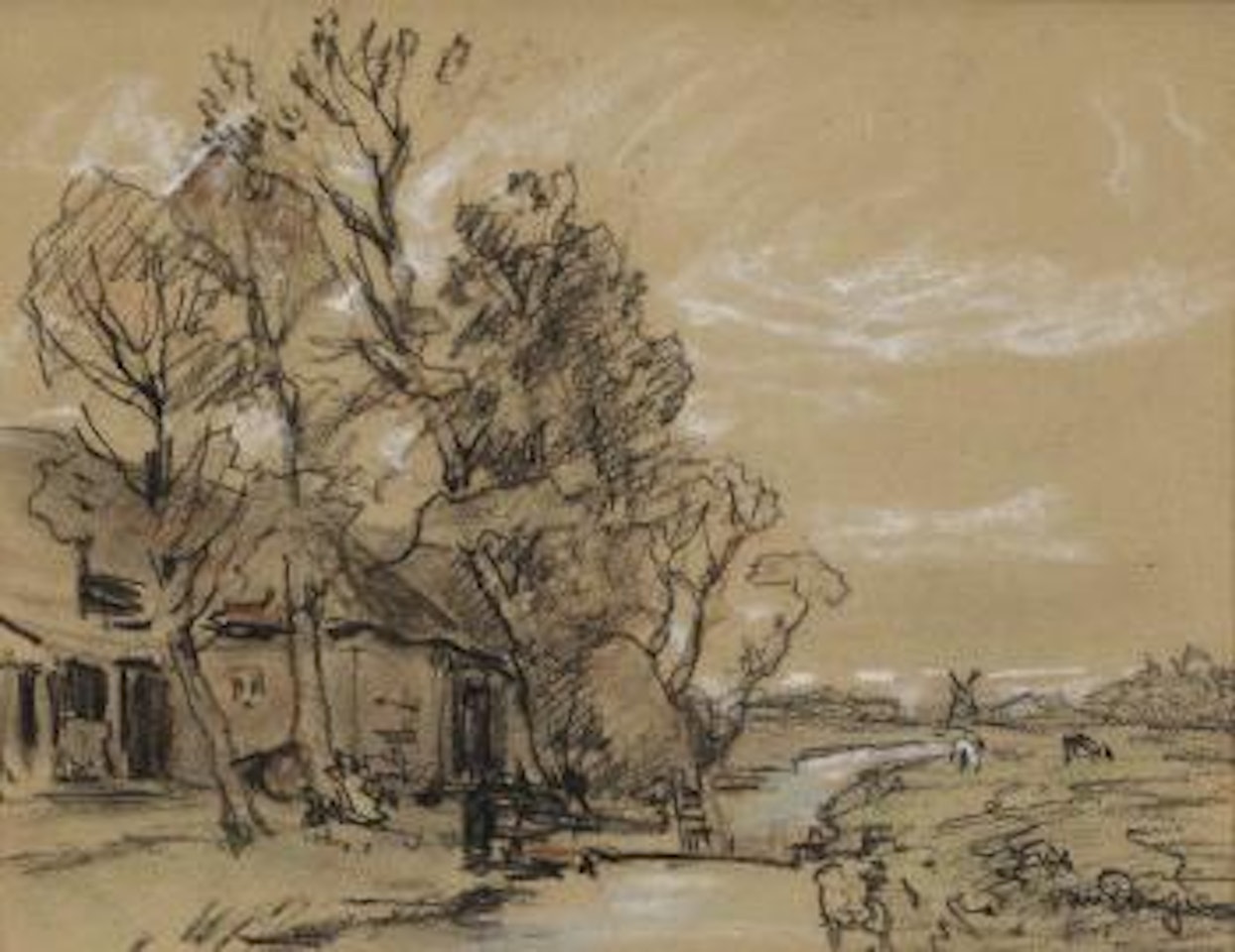Holländische Landschaft mit Bauernhaus hinter Bäumen am Fluss by Kees van Dongen
