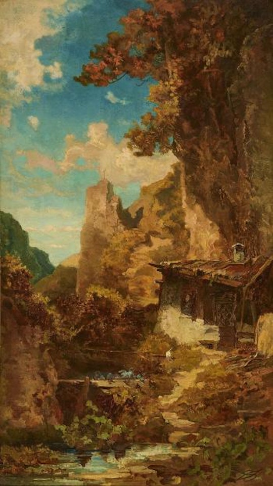 Einsiedelei in Bergschlucht mit Katze vor der Hütte am Bach by Carl Spitzweg