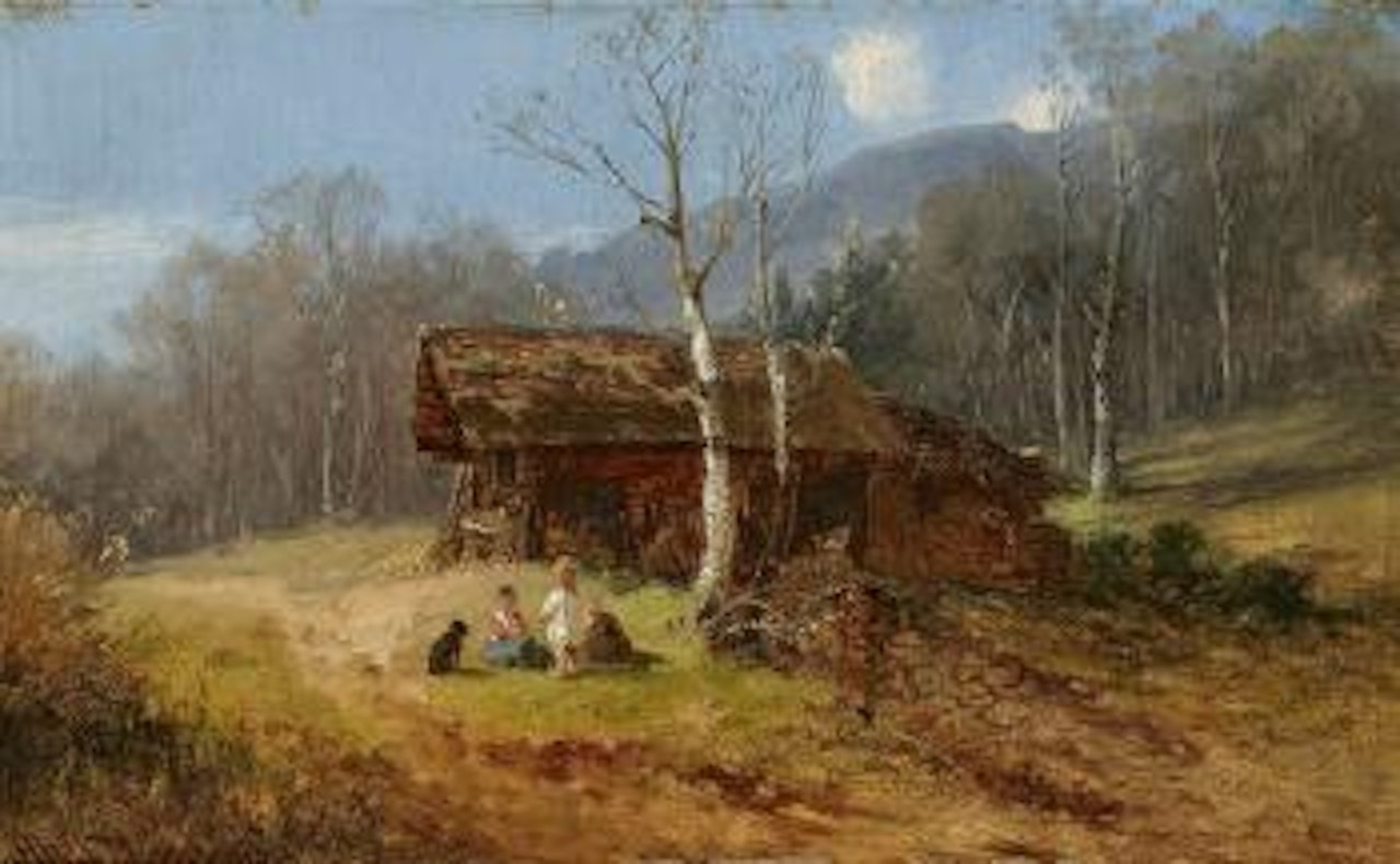 Kinder vor einer Hütte im Voralpenland by Anton Doll