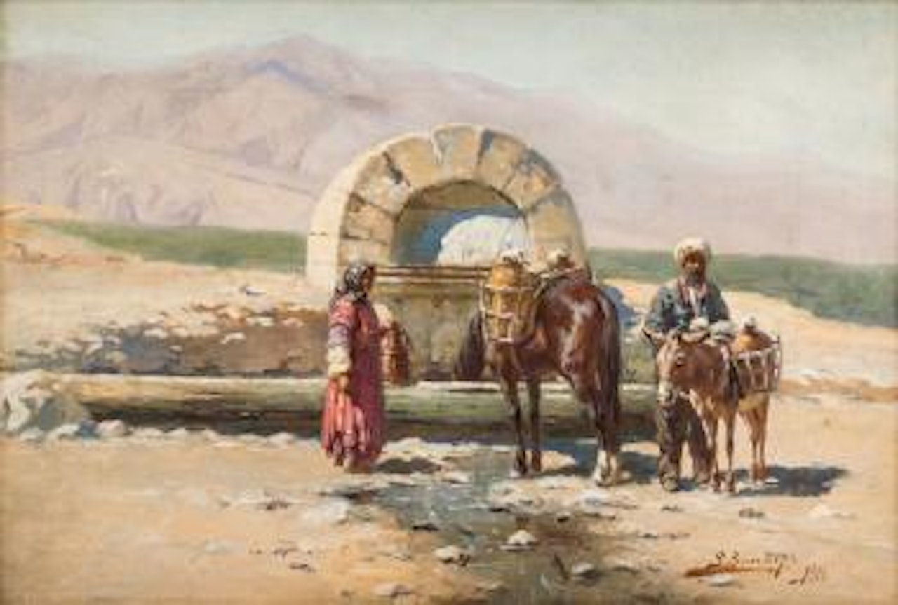 Caucasian landscape with donkeys and horses resting by Richard Karlovich Zommer