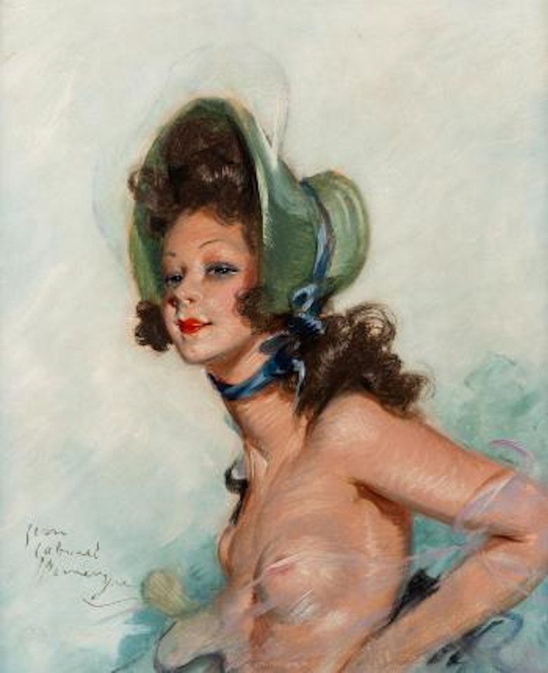 Beauty in a green bonnet by Jean Gabriel Domergue