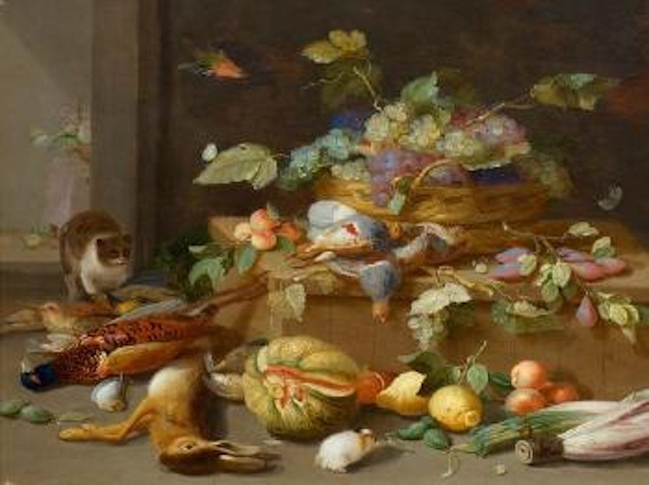Still life of fruits with cat and wild animals by Jan Van Kessel The Elder
