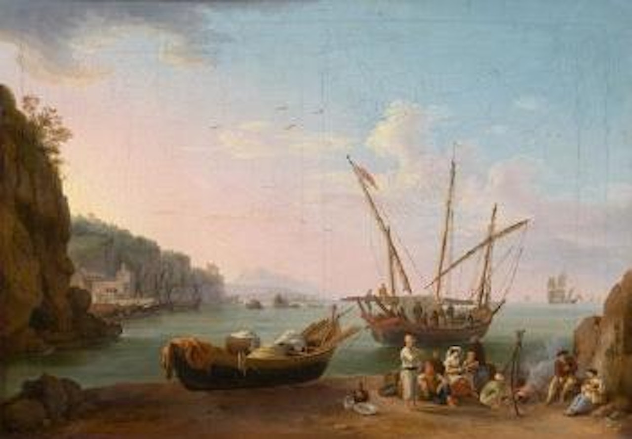 Harbour scene with figures at the coast near Vietri sul Mare by Jacob Philipp Hackert