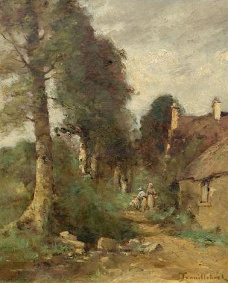 Figures in a village at the forest edge by Paul Désiré Trouillebert