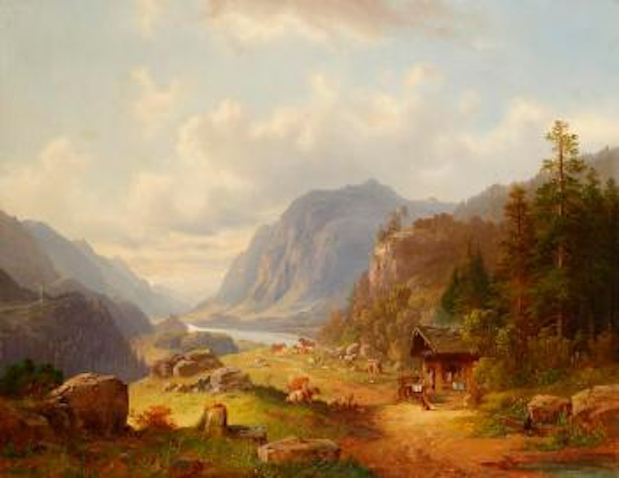 An alpine valley landscape with figures and animals to the foreground by Anton Doll
