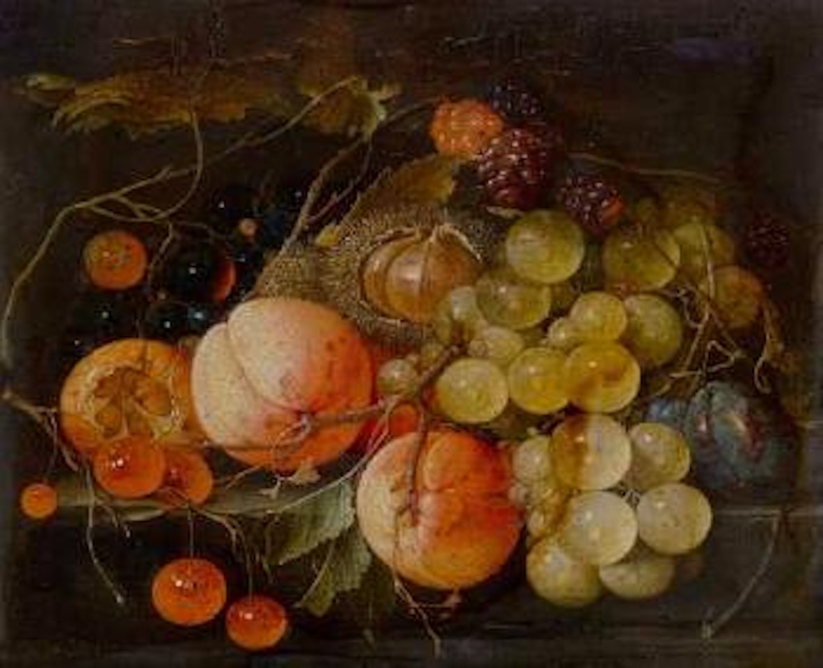 Still life of fruits with peaches and grapes on a stone slab by Cornelis de Heem