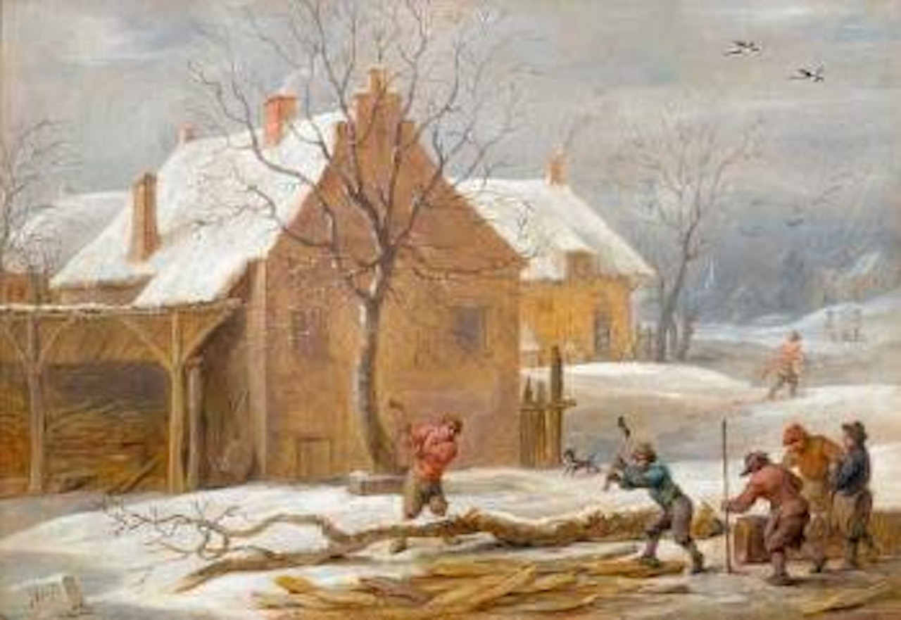 Winter landscape with view of a village with woodcutters by David Teniers II