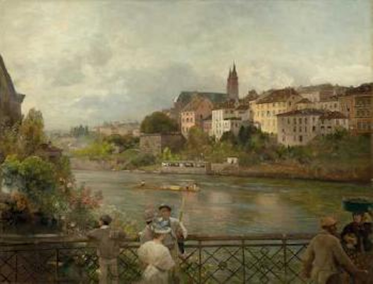 Blick von der mittleren Rheinbrücke auf das Basler Münster by Oswald Achenbach
