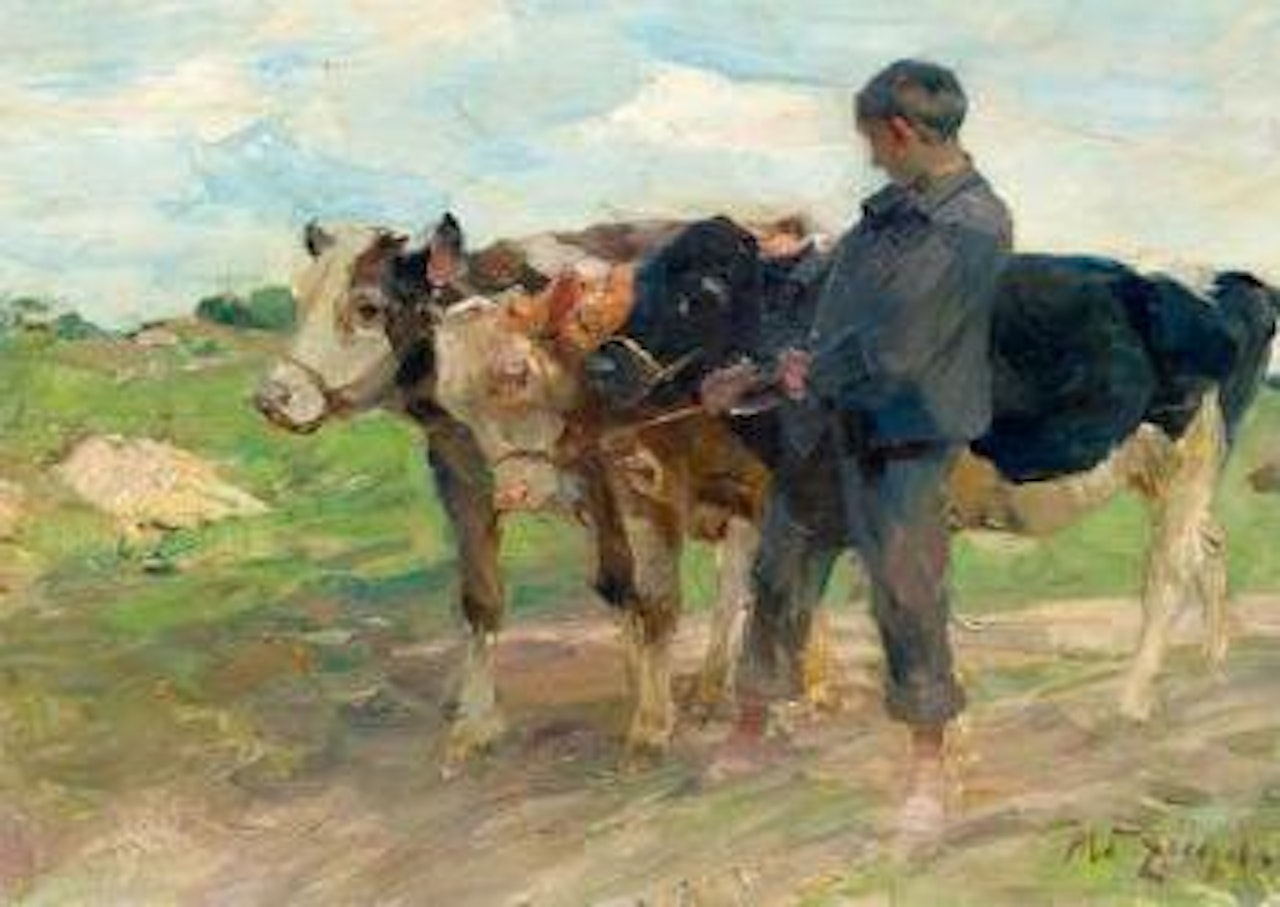 Young herdsman with three young cattle by Heinrich von Zugel