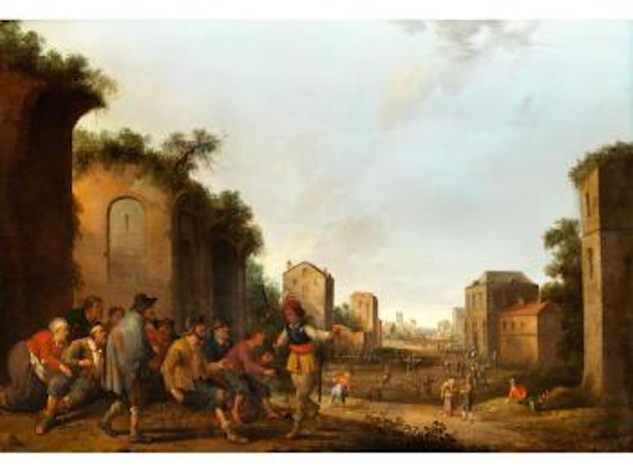 Junger Soldat bringt die Botschaft von nahenden Feinden in einer Südlichen Stadt by Joost Cornelisz Droochsloot