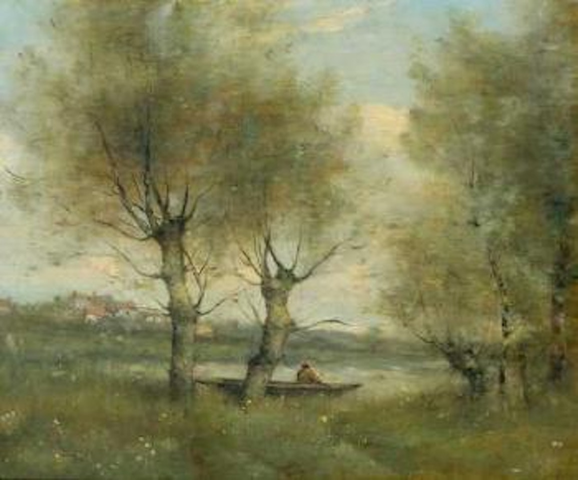 River landscape with fishermen in a boat by Paul Désiré Trouillebert