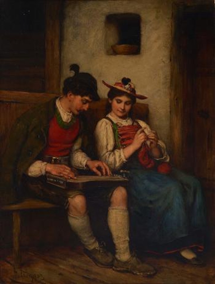 Zitherspieler mit Mädchen auf der Bank by Franz von Defregger