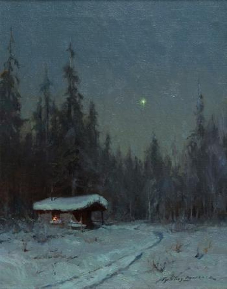 Mystery of Light, cabin in a nocturnal wooded landscape by Sydney Mortimer Laurence