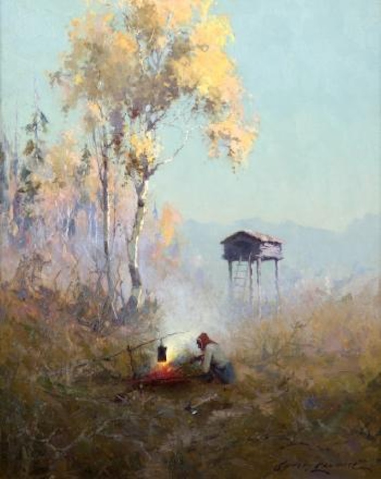 The Golden Northland, figure sitting at a campfire by Sydney Mortimer Laurence