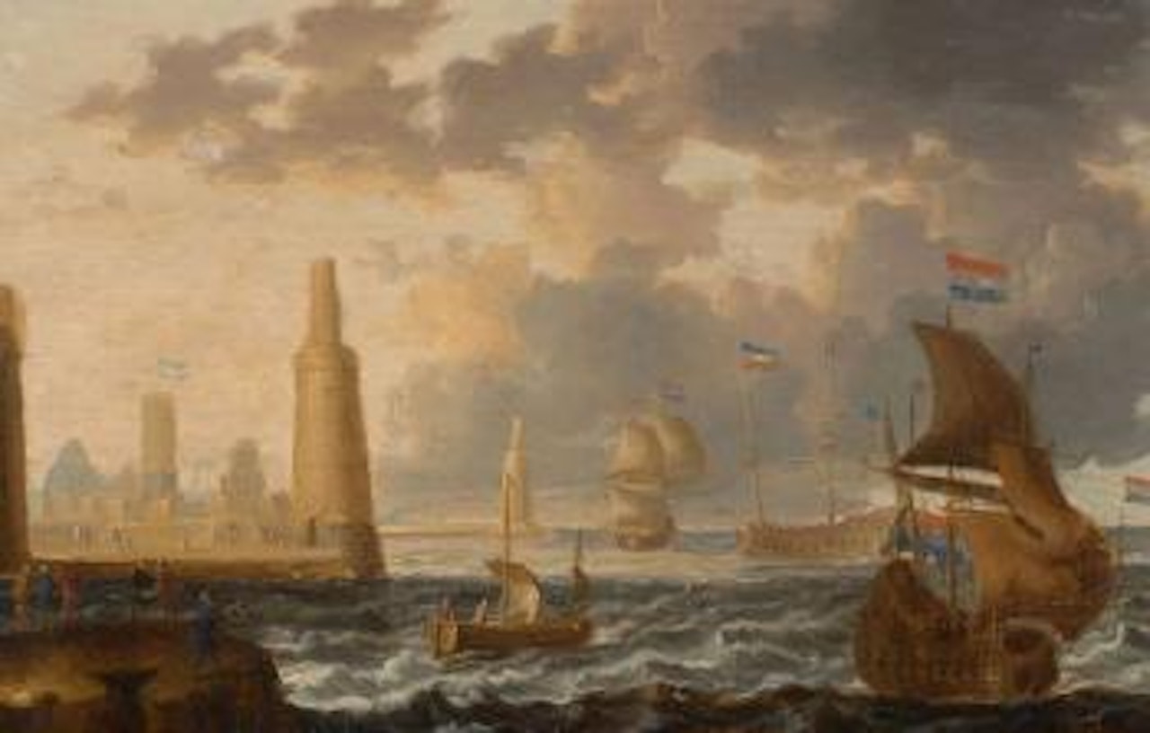 Scène de port animé de personnages orientaux by Pieter van de Velde
