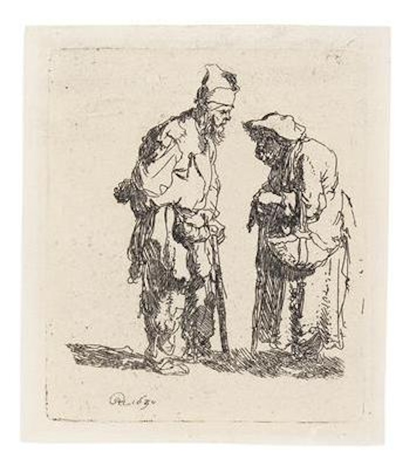 Beggar man and Beggar Woman Conversing by Attributed to Rembrandt Harmensz van Rijn