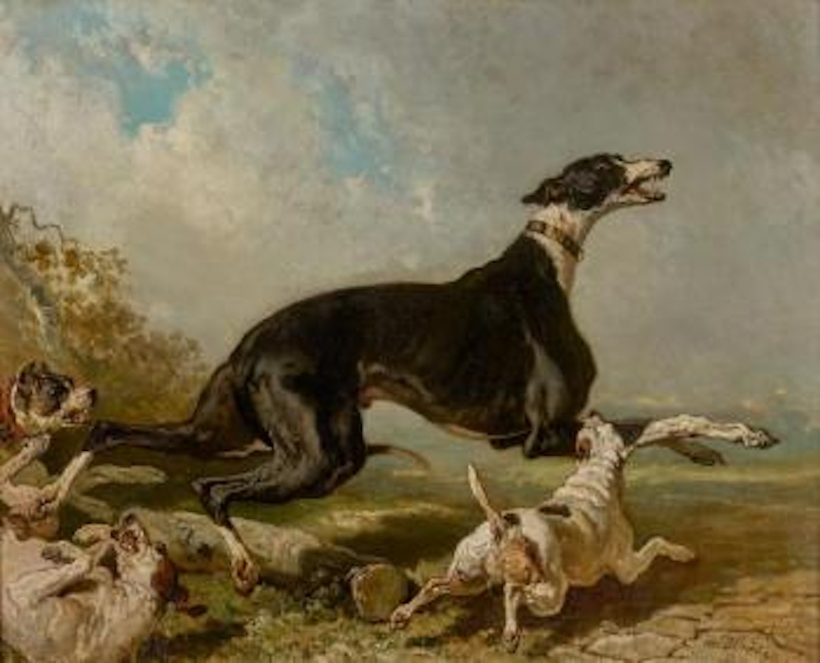 Les frères ennemis, chiens attaquant un lévrier by Alfred de Dreux