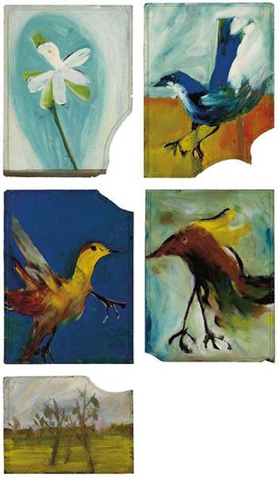 Five paintings consisting of Three Birds, a Flower and a Landscape by Sidney Nolan