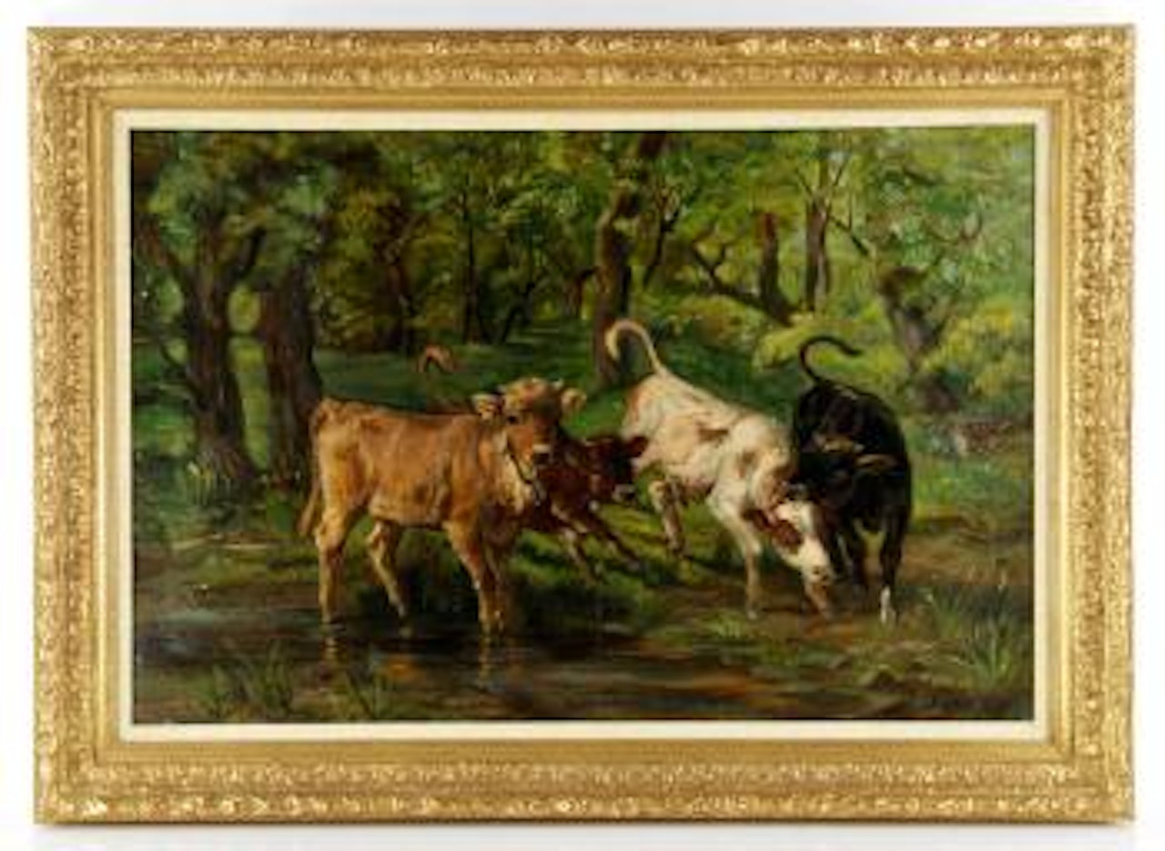 Cows in meadow at the shore of a small pond by Julien Dupré