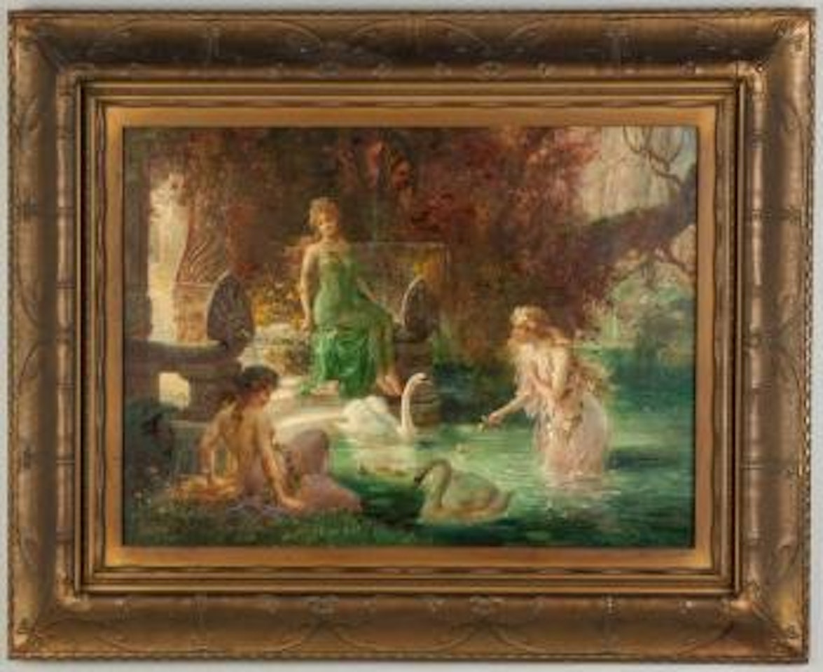 Three Women Near Pool Feeding Swans by Hans Zatzka