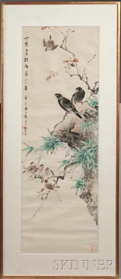 Bird and flower painting, depicting a pair of black birds and a few small birds resting on tree branches, with bamboo and fall leaves by Yan Bolong